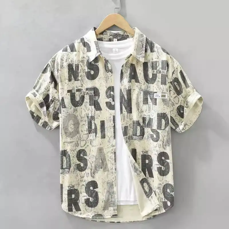 

Summer Ice Silk Letter Print Short Sleeve Men's Shirt Loose Hawaiian Beach Holiday Casual Fashion Clothing Breathable