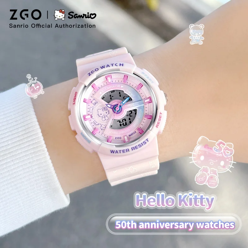 ZGO Sanrio Hello Kitty Ladies' Electronic Watch Cute and Stylish Multi-functional Dual-Display Sports Digital Watch Gift 8573