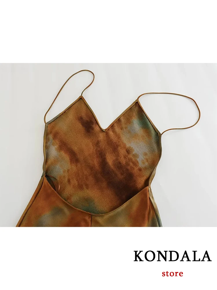 KONDALA Vintage Tie Dye Stampa Abito in Raso da Donna con Scollo a V Sexy Cami Dress Moda 2023 Estate Backless Vacanza Lungo Mujer Abiti