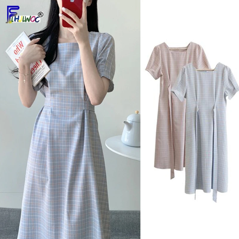 Vestidos vintage en oferta, vestido de verano para mujer, manga corta, bonito y dulce, diseño estilo Corea Japón, vestido a cuadros azul y rosa 6815