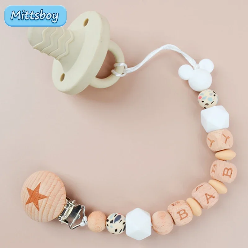 Latest Personalized Name Baby Wooden Pacifier Clips Baby Teether Dummy Clips Holder Chains Chew Teething Toy Dummy Nipple Holder