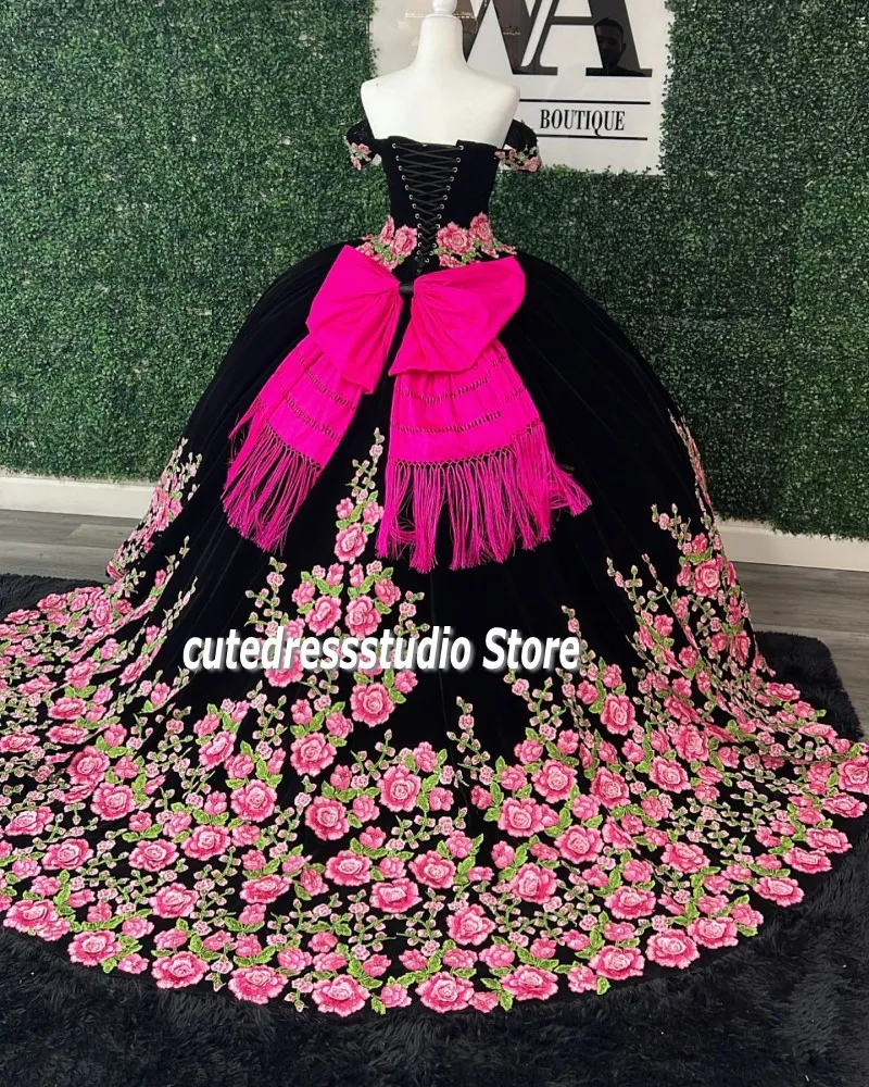 Charro floral quinceanera vestidos com arco apliques mexicano meninas aniversário formatura vestir veludo vestidos de xv años