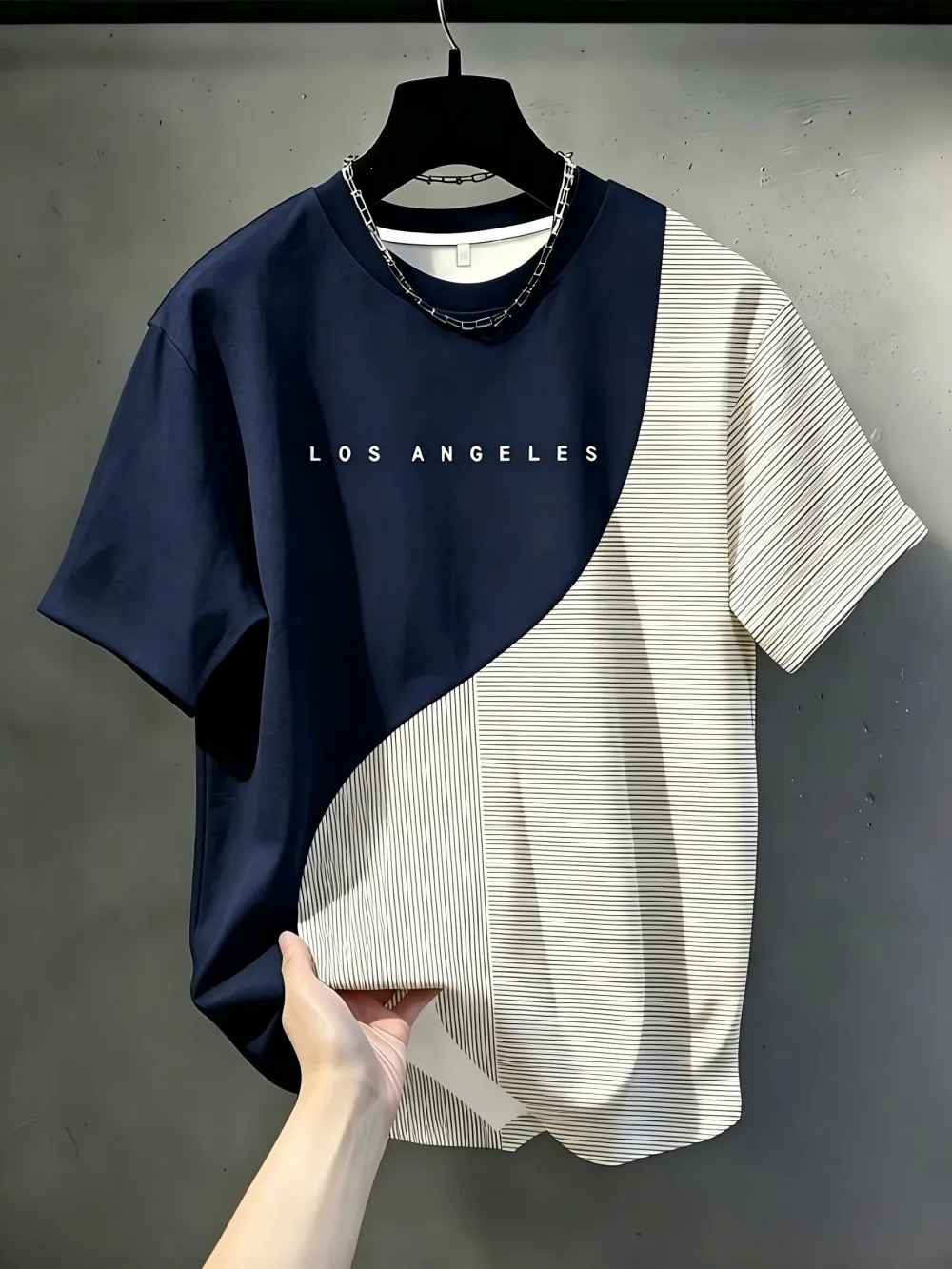 American men's summer Los Angeles striped letter patchwork printed round neck T-shirt soft and breathable outdoor street top