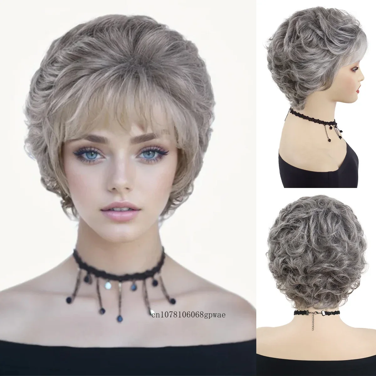 Synthetic Grandma Old Lady Wigs Ombre Grey Hair Wig for Women Short Curly Wig with Bangs Heat Resistant Cosplay Costume Party