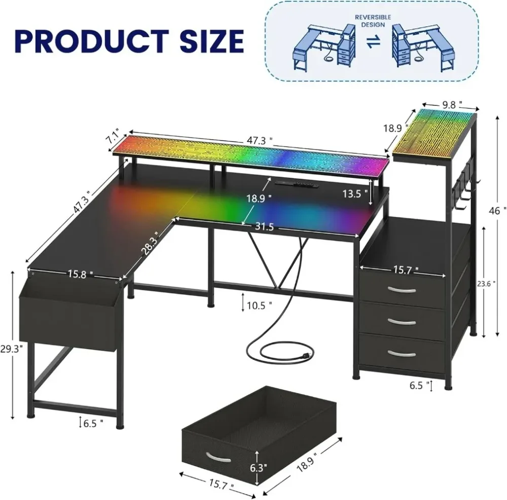 63" L-Shaped LED Gaming Desk with Drawers 2