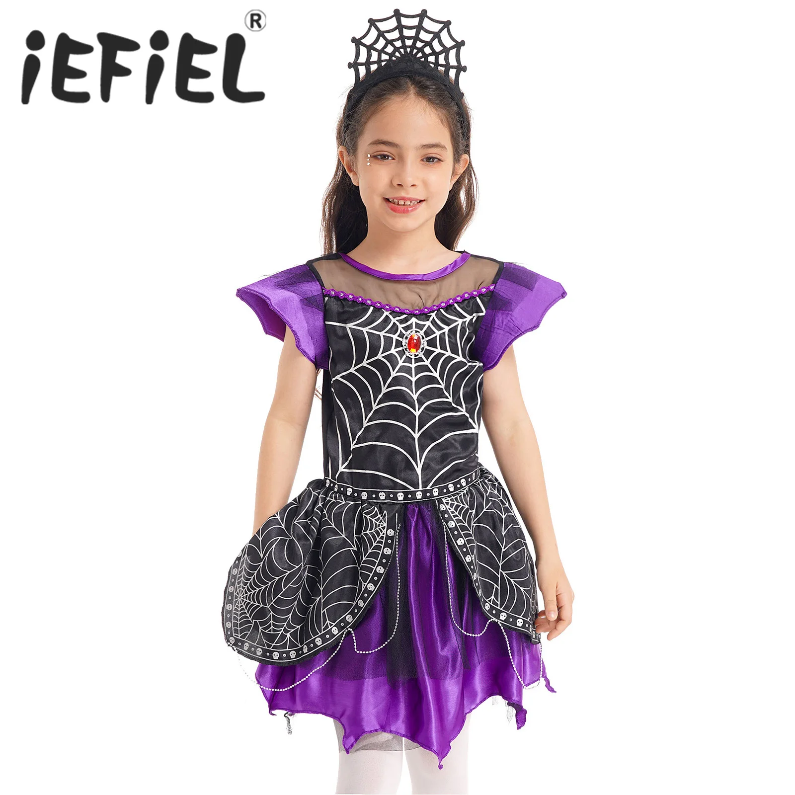 Kids Girls Spider Queen Costume Halloween Cosplay Dress Carnival Party Spider Net Print Roleplay Dress Up Clothes con copricapo