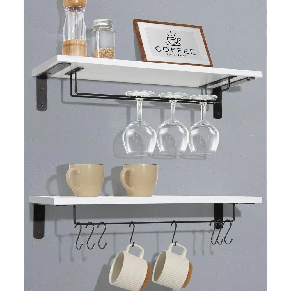 

Set of 2, 20 Wall-Mounted Floating Shelves with Hooks for Coffee Mugs and Glasses