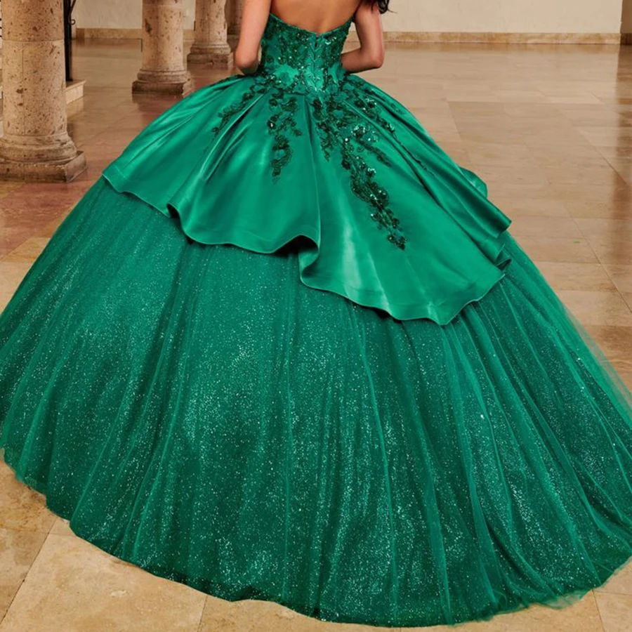 Abito Quinceanera con paillettes di lusso personalizzato che borda il partito elegante applique da sera corte strascico abito da ballo abito da ballo verde tulle