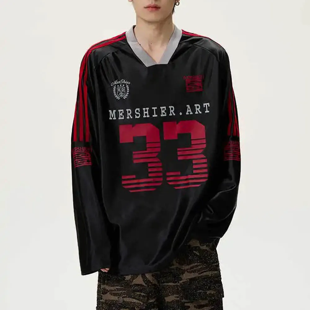 

Осенняя новая мужская футболка с v-образным вырезом и длинными рукавами, американский ретро-модный тренд, свободные повседневные нишевые мужские топы на High Street, 2025 г.