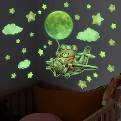 2pcs Luminous Cartoon Bear Flying Airplane Background Wall Decoration Children's Room Bedroom Star Mural Wall Sticker Ycg2029