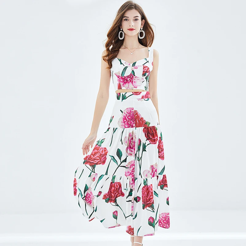 

JSXDHK Bohemian Holiday Summer Rose Flower Two Piece Set For Women V Neck Sleeveless Crop Tops + Floral Print Long Skirt Suits