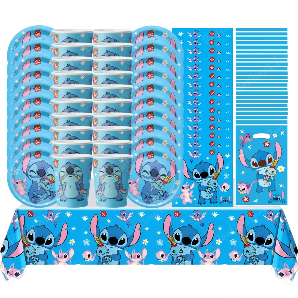 81Pcs Disney Stitch Birthday Decorations Disposable Tableware Set Plate Napkin Cup Tablecloth Gift Bag For Kids Party Supplies