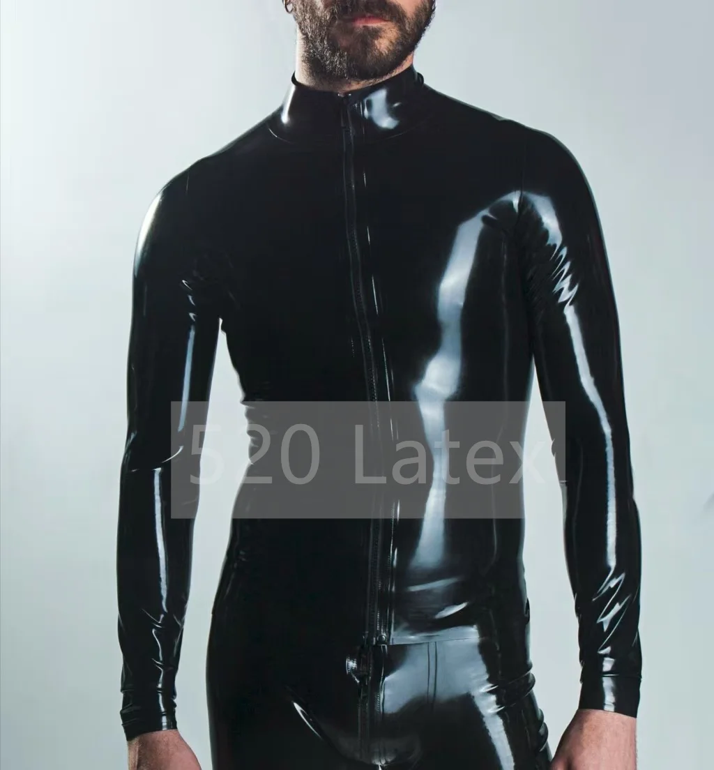 

Handmade Natural Latex Men Long Sleeves Shirt Rubber Jacket Sexy Men's Latex Top Latex Male Polo Shirt Front Zip Halloween Wear