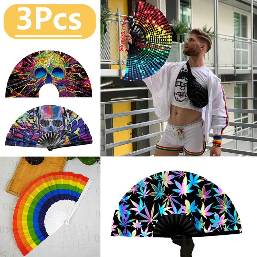 1-3Pcs Chinese Folding Hand Rave Fan Art Craft Gift Wedding Dance Rainbow Hand Fan Festival Party Fan Gift Fan Home Decor Drag