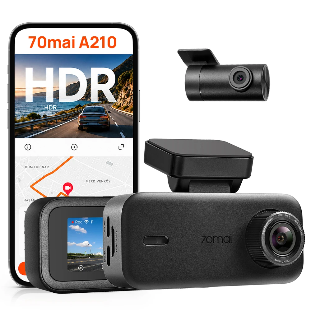 Caméra embarquée 70mai A210 avant et arrière 1080P Full HD HDR, vision nocturne supérieure, GPS intégré, enregistrement de trajet, supercondensateur, surveillance de stationnement 24h/24, vidéo d'urgence enregistrée 210s, enregistreur de conduite compact pour voiture