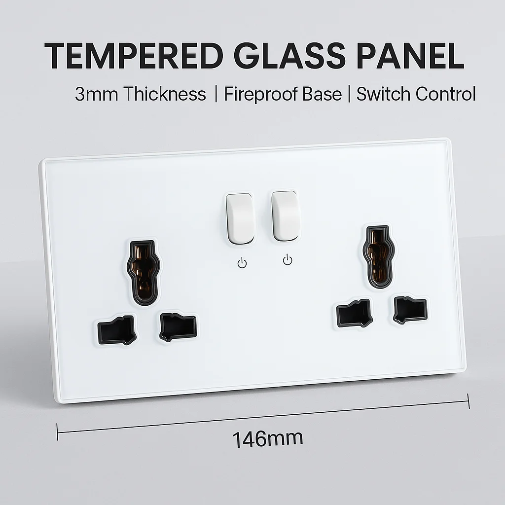 

Yinka 3x6 Glass Wall Socket, Universal UK Saudi Switched Outlet, Double 3 Pin 13A Power Socket, 146x86mm Electrical Socket