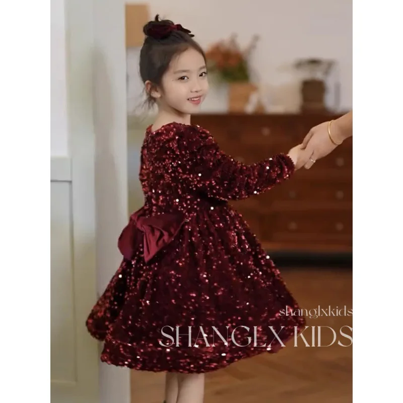 Girls' New Spring, Autumn and Winter Birthday High-End Dress Sequined Bow Red Dress Princess Dress