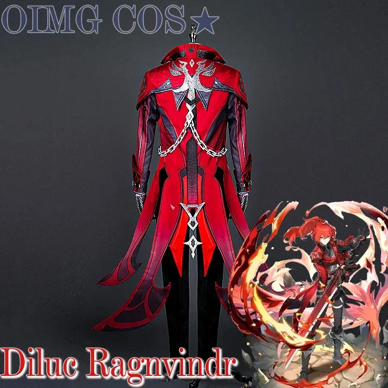 

AAA 2025 Genshin Impact Diluc Cosplay Costume Uniform Wig Anime Halloween Costumes Game Red Dead of Night New Skin