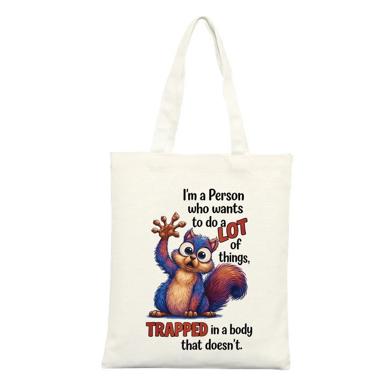 Canvas Tote Bag with Squirrel Graphic and Slogan Print, Casual Style for Daily Use and Shopping