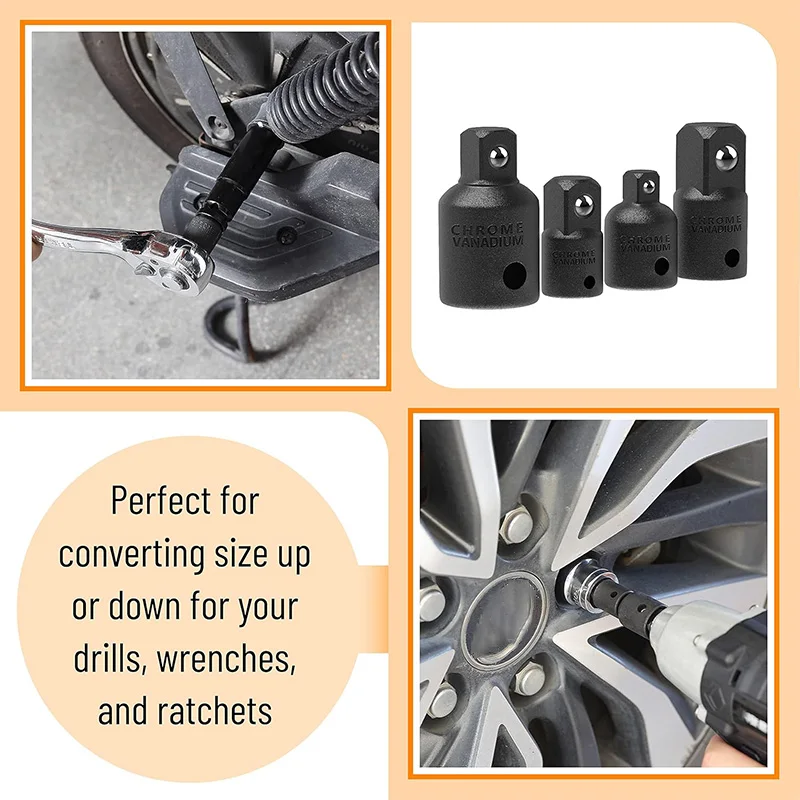 4pc Impact Socket Adapter and Reducer Set 1/2 3/8 1/4 Socket Adapter in Auto and Impact Driver Construction Work Car Repair Tool