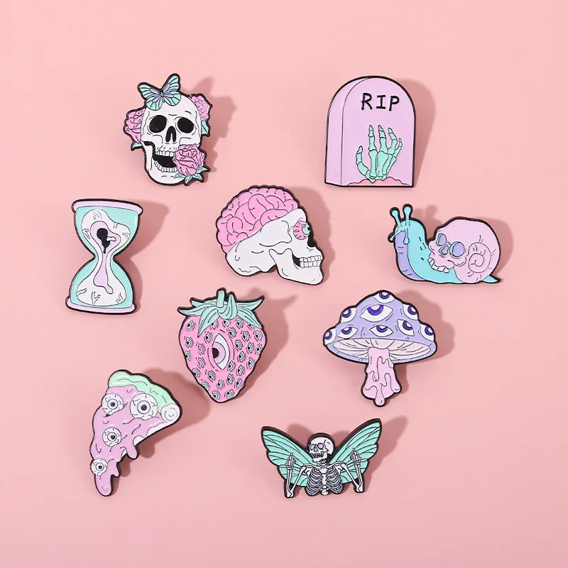 Pink Heart Brain Enamel Brooch Goth Witch Evil Eye Mushroom Pizza Skull Demon Badge Funny Tombstone Punk Lapel Pins Jewelry Gift