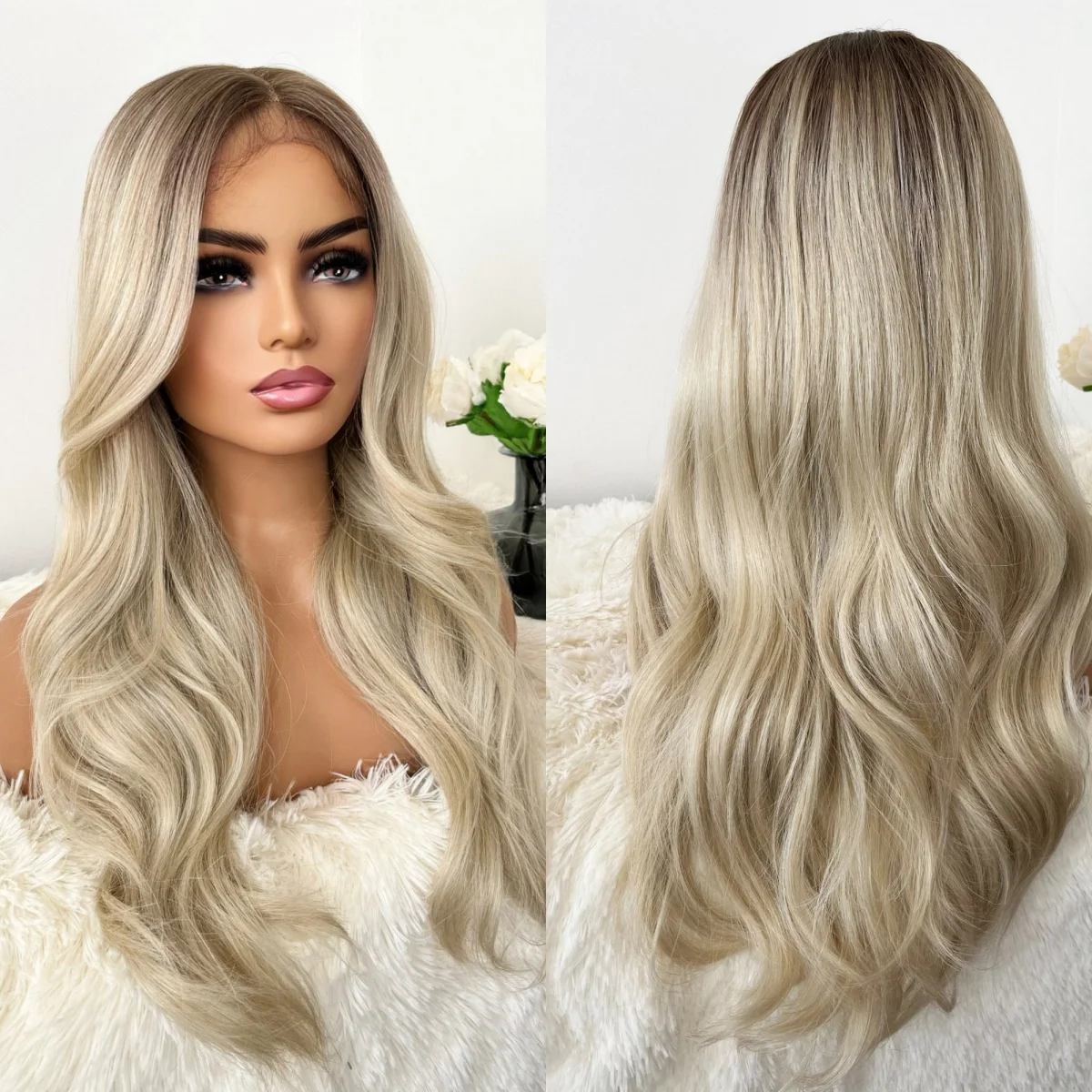 Ombre Ash Blonde Long Length Loose Wave High Quality Human Hair Blend Synthetic Wig 100% Premium Fiber Glueless Wig On Clearance