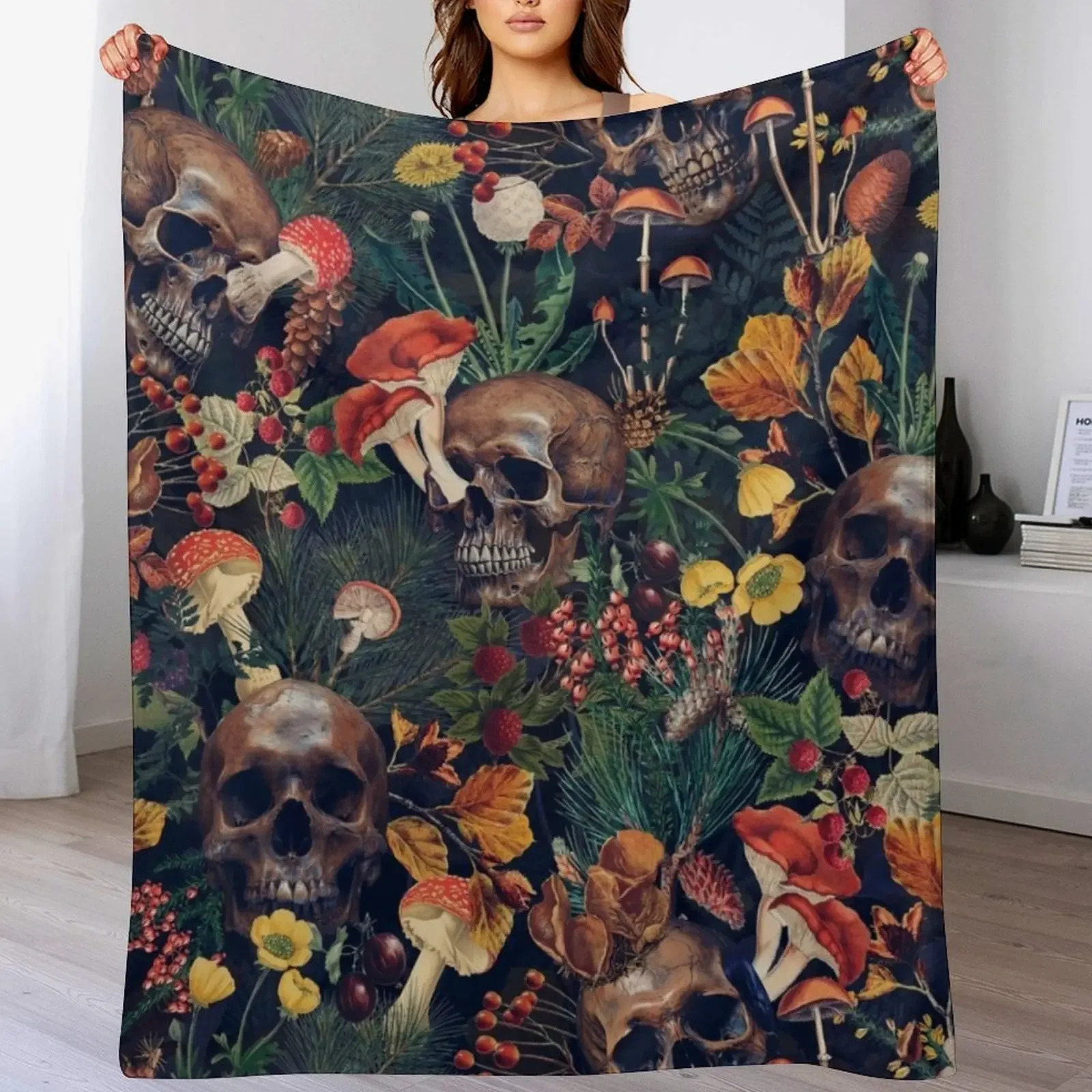 

Vintage Mysterious Skull Moody Floral Forest Pattern Sepia Black Throw Blanket Plaid Single Vintage warm for winter Blankets