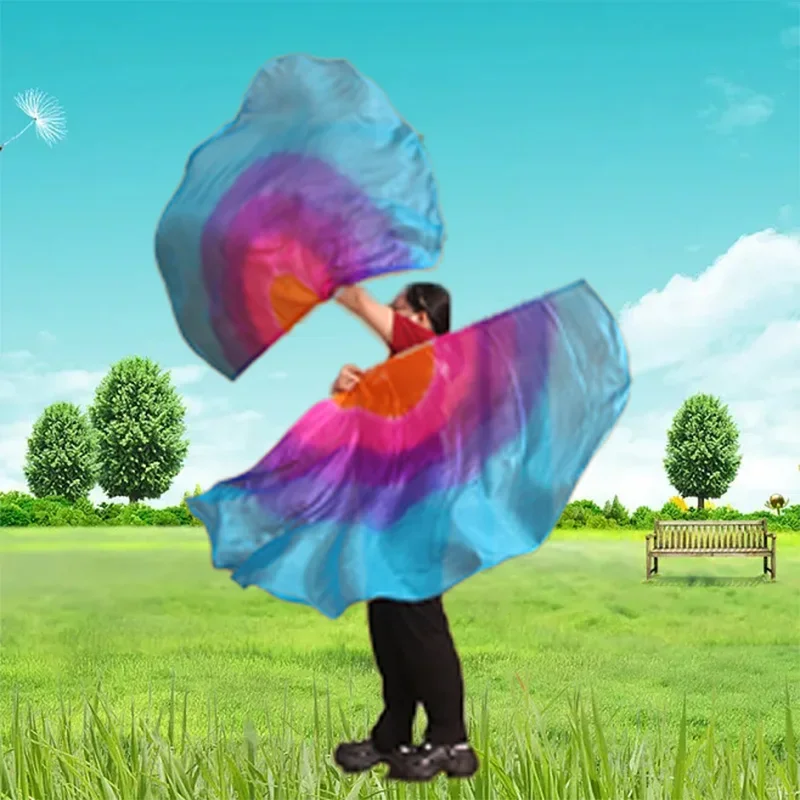 100% seda dança oriental véus de seda asas isis com vara palco desempenho adereços tie dye meio círculo meia redonda bandeira 140and90cm