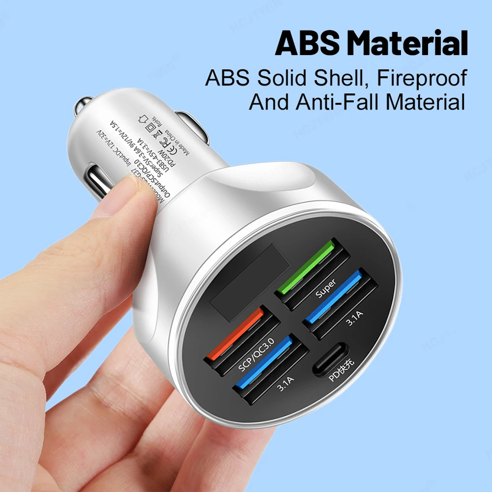 250W 5 Port Car Charger Super Fast Charging PD QC3.0 USB C Car Phone Charger Type C Adapter In Car For IPhone Huawei Realme OPPO