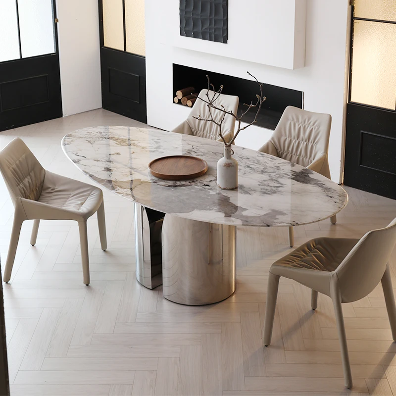 طاولة طعام للمطبخ من الرخام الأبيض البيضاوي مع قاعدة من الفولاذ المقاوم للصدأ للدراسة وطاولة غرفة الطعام الحديثة للمطبخ المنزلي