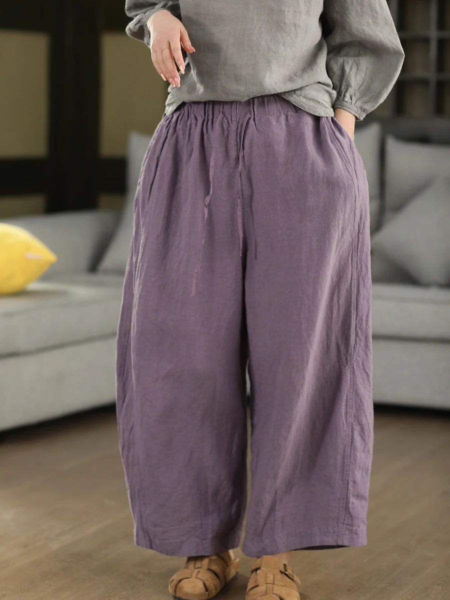 

Элитные повседневные брюки Han Hanflax для женщин: свободные, с эластичным поясом, утягивающие, комфортные, в стиле Харлан, художественные, из льна