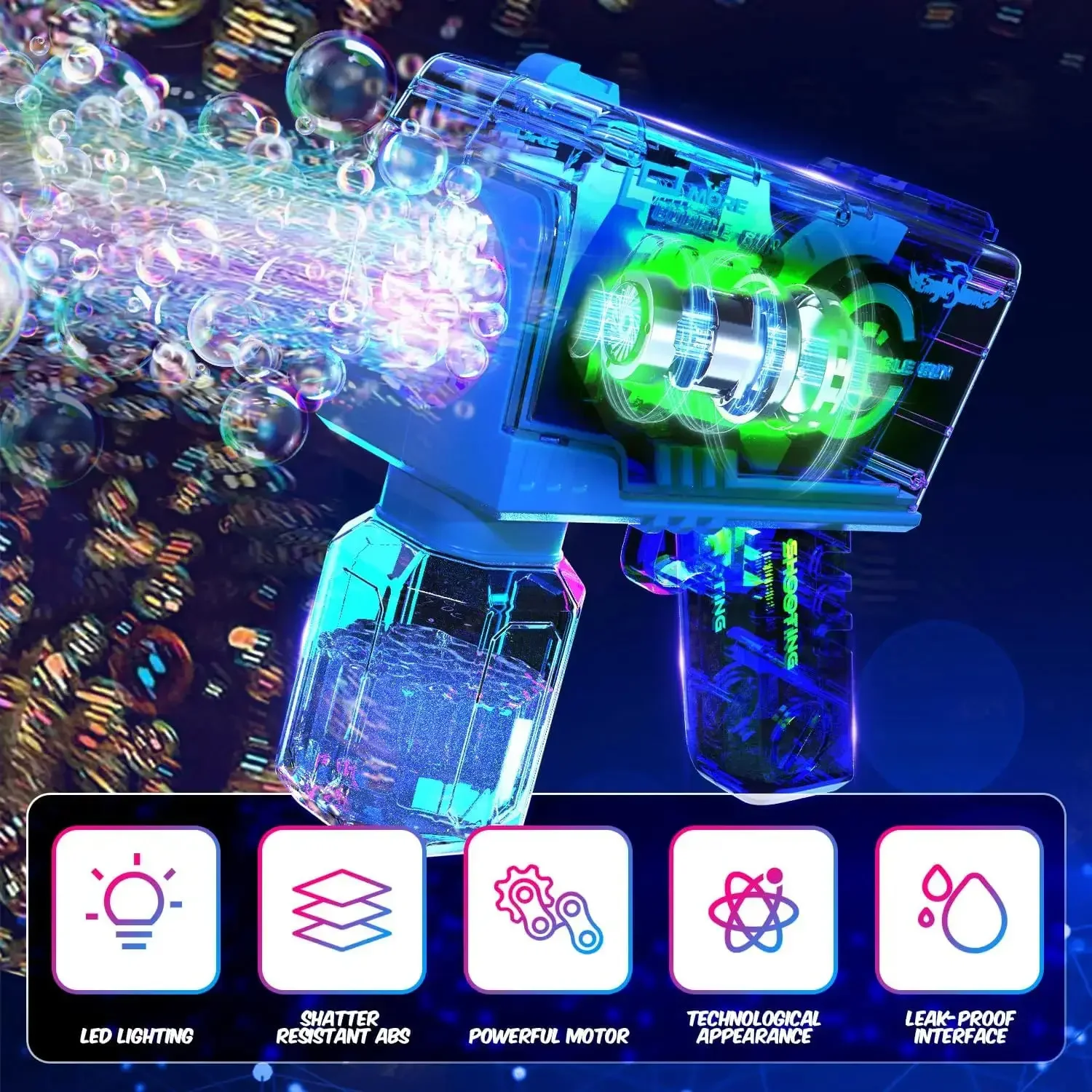 Máquina automática de sopro de bolhas, brinquedo elétrico ao ar livre, soprador de bolhas de corpo transparente, pistola mecânica de bolhas com brinquedos de iluminação