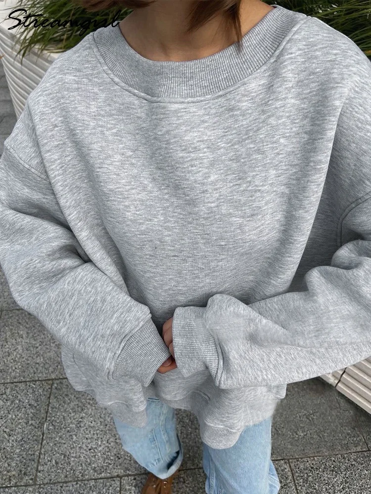 Streamgirl Grey Thick Winter Sweatshirt Women Warm Pullovers Velvet O Neck Oversize Fleece Sweatshirt For Women Green Winter