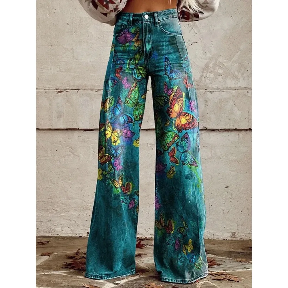 Schwarze Rosa Galaxy-Schmetterlings-Print Hose mit Hoher Taille und Weitem Bein aus Baumwolle Lässige Streetwear-Hose Hip-Hop-Punk-Hose für Konzerte – Detail 5