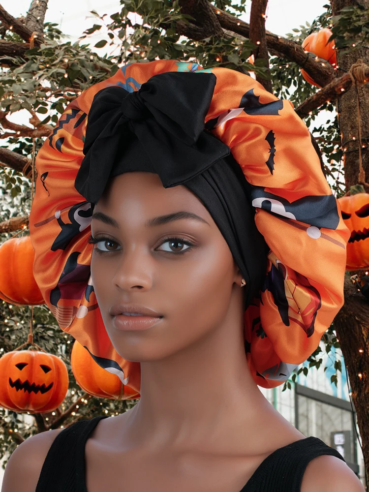 Spooky Midnight Black Satin Witch Hat Bonnet for Curly Hair Protection Stylish Sleep & Shower Accessory Perfect for Halloween
