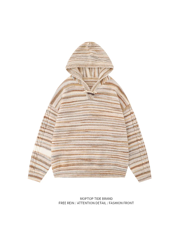 

American Retro Striped Hoodie Sweater ex Trendy Lazy Sle Couple Knitted Outerwear Long Sve Casual Loose Fit Autumn Wear
