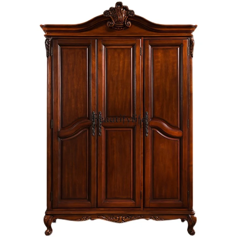 

*American solid wood wardrobe simple three-door bedroom large wardrobe European storage cabinet