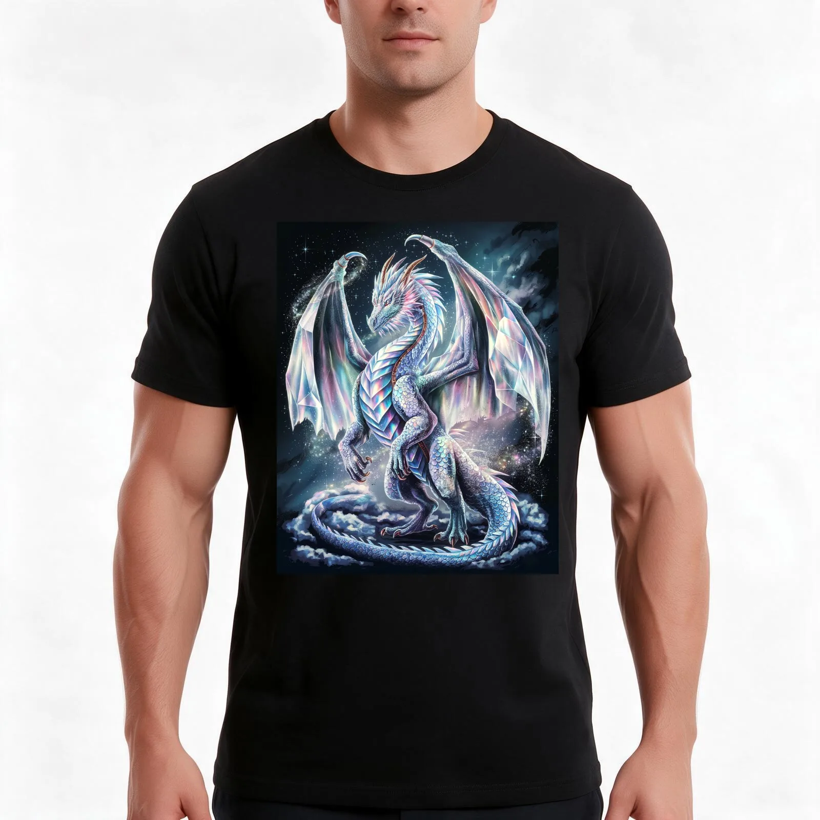 Iridescent Cosmic Dragon in Starry Galaxy T-Shirt, Summer Casual Cotton Tee, Oversized Streetwear Tops, Vintage Graphic Print