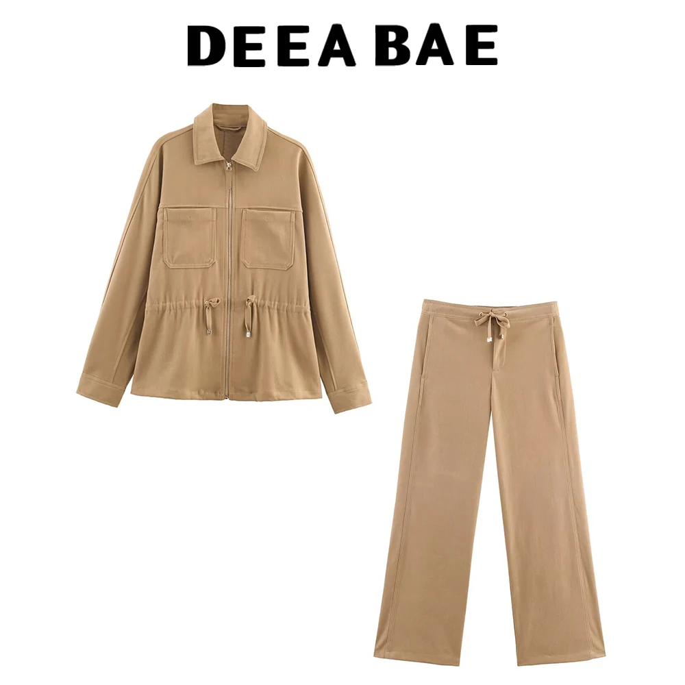 Deeabae 2025 outono novo produto feminino usar gola flip ajustável cintura bolso decoração casaco perna larga calças casuais conjunto