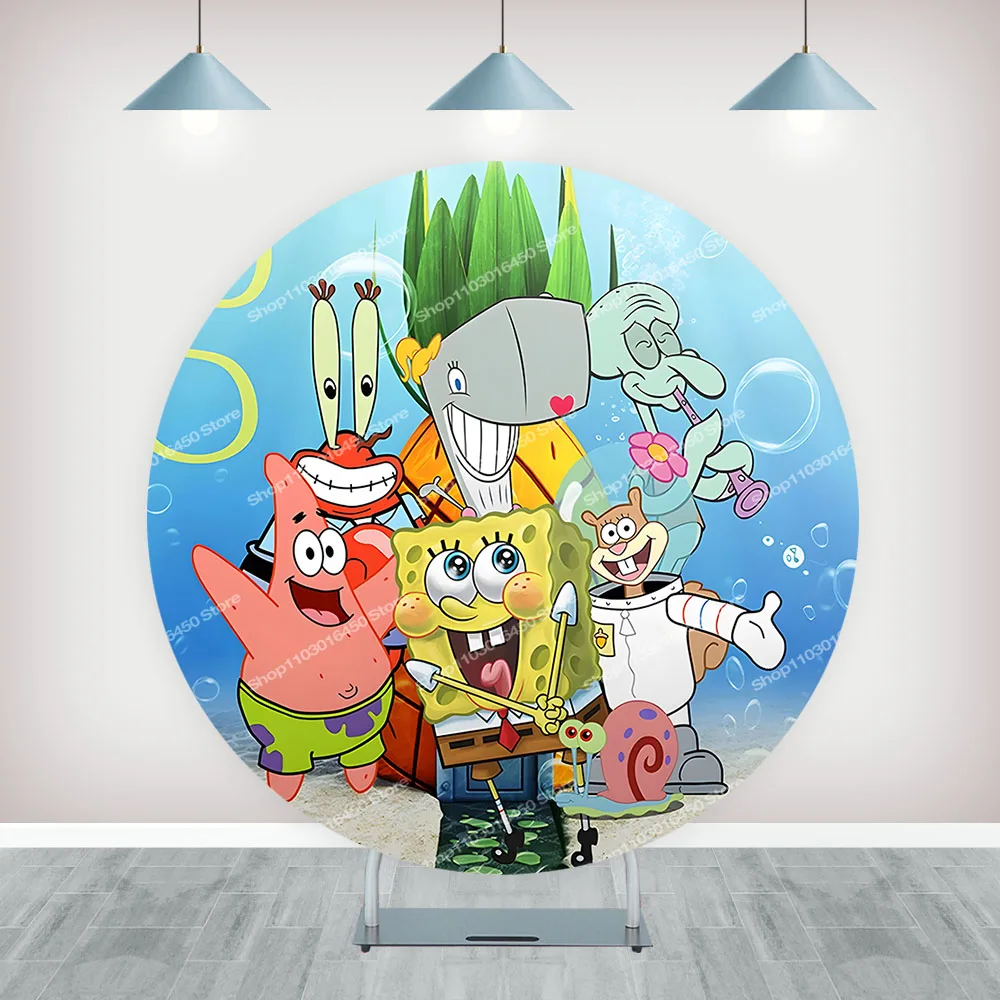 The Sponge Bobs Round Backdrop Elastic Circle Baby Shower Cute Cartoons Birthday Party Background Cylinder Decoration Props