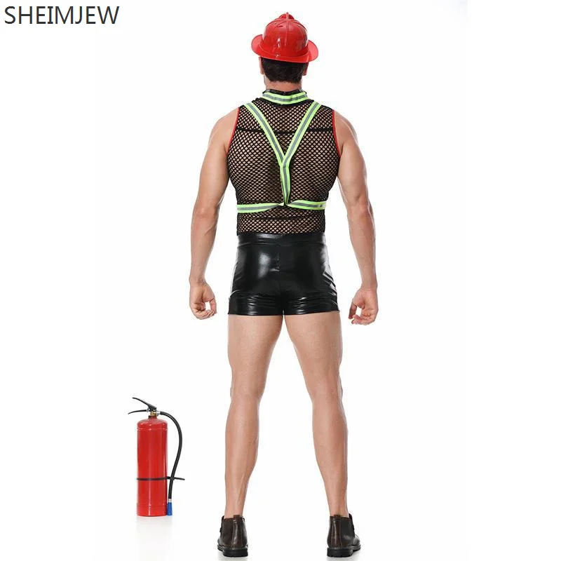 2024 Sexy Brandweerman Cosplay Kostuums Nachtclub Spel Thema Party Club Show Outfit Mannen Halloween Visnet Pvc Lederen Jumpsuit