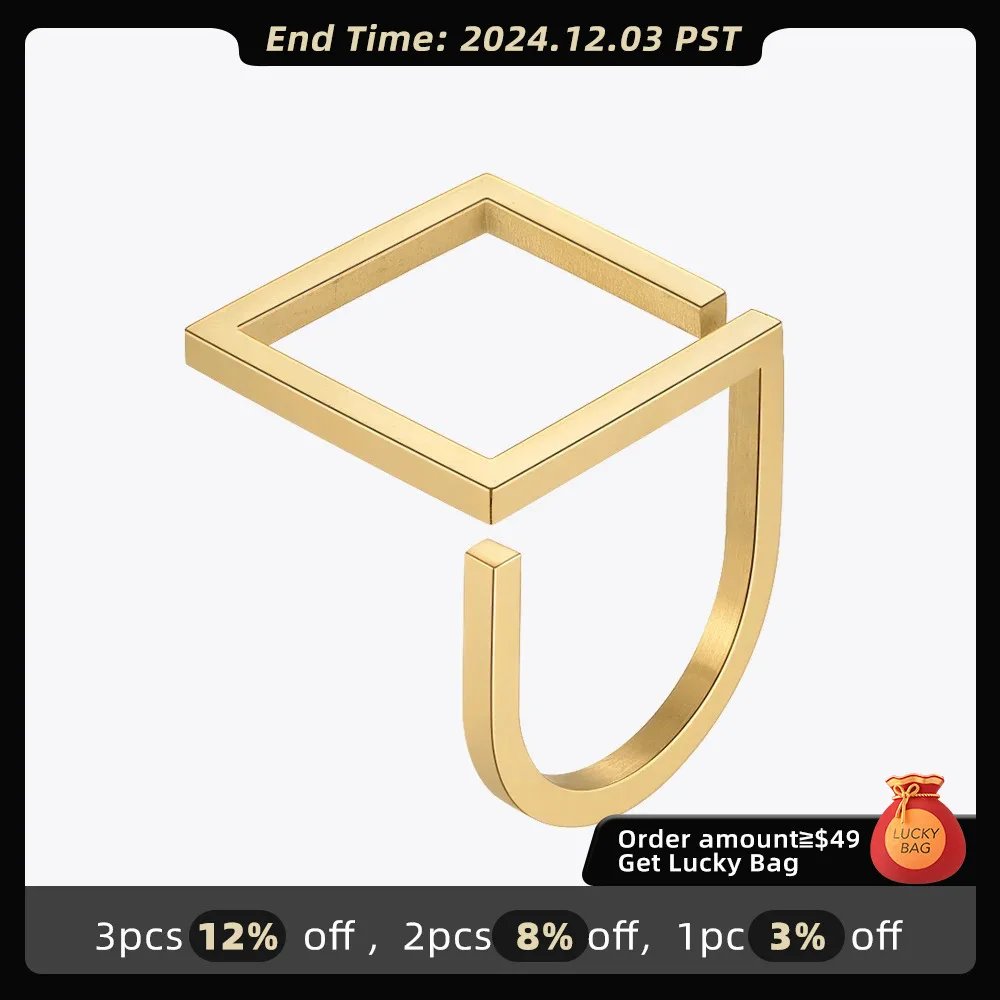 ENFASHION U-shaped Square Ring For Women Stainless Steel Gold Color Rings Fit to New Year Birthday Gift Fashion Jewelry R224175