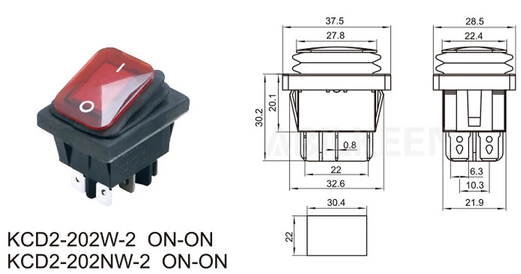 KCD2 Series Waterproof Type 28.5*37.5MM Rocker Toggle Switch ON-OFF Plastic Rocker Push Button with LED Ring Illuminate 4-Pin