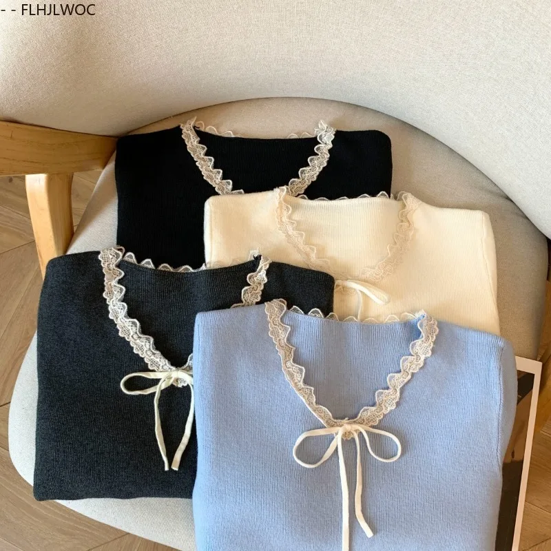 ربطة القوس فيونكة القمم لاعبا البلوفرات السنة الجديدة أزياء المرأة لطيف الحلو اليابان نمط الفتيات المرقعة الدانتيل الأبيض محبوك البلوزات #4