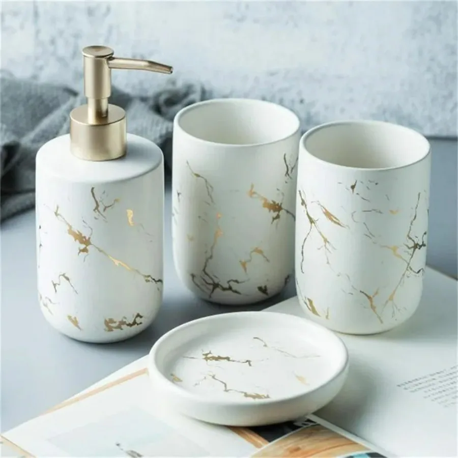 Four Pieces Sets with Two Rinse Cup Soap Dish and Lotion Dispenser Nordic Bathroom Accessories Set Marble Texture Toothbrush Cup