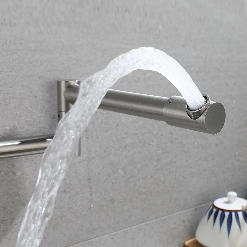 304 Stainless Steel Wall‑in Kitchen Tap Single Cold Fold Long Swing Spout 360° Rotation Wall Mount Faucet for Sink Basin view 4