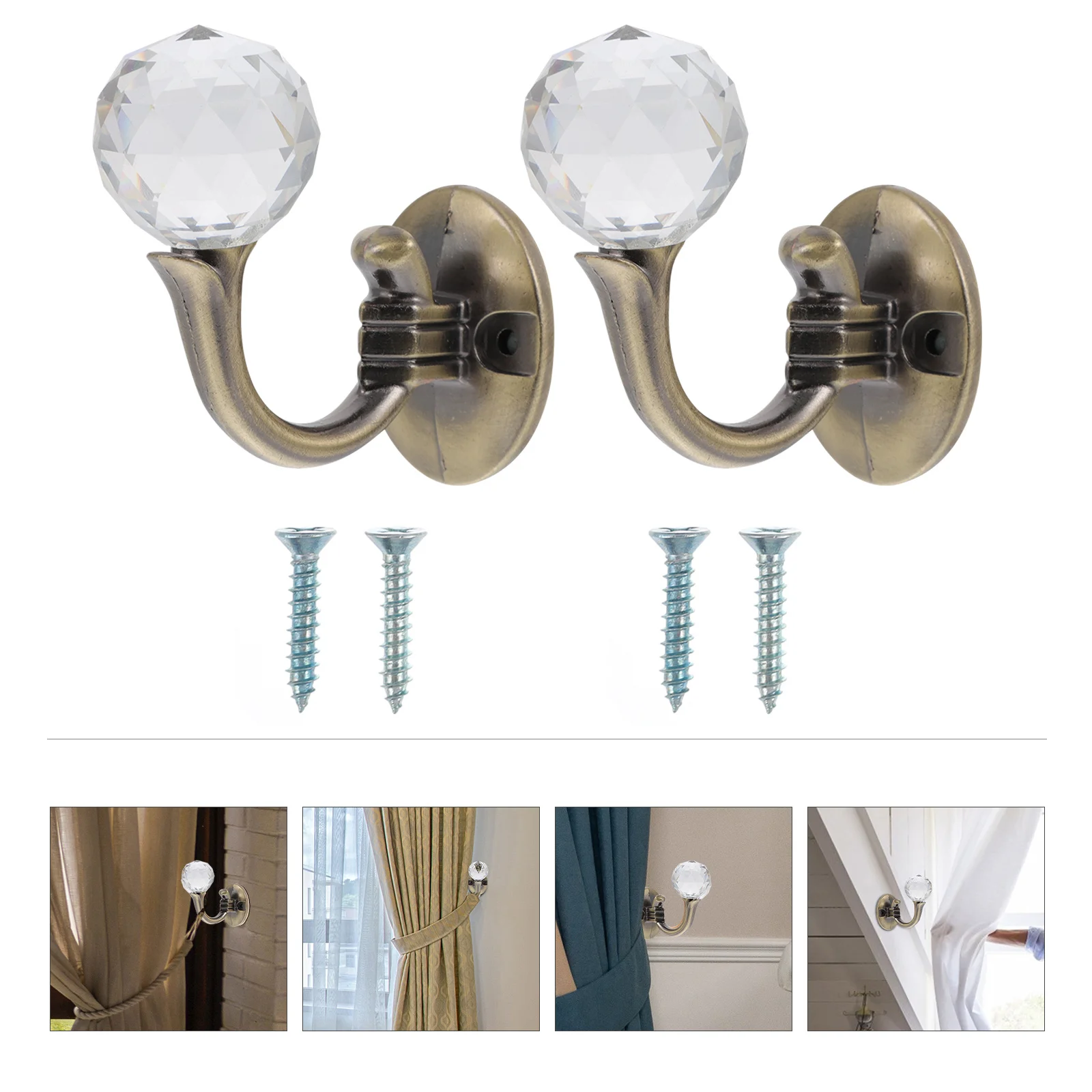 

2Pcs Elegant Crystal Curtain Hooks Zinc Alloy Material Shiny Finish Easy to Use for Bathroom Tub Dressing Room Home Curtain