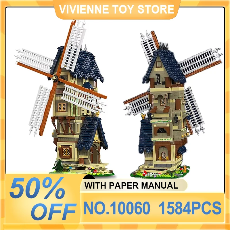 MOcorde D KING-décennie s de Construction de Moulin à Vent Médiéval, Série Créative Technique MOC-138190 Puzzle en Briques, Jouet Cadeau de Noël pour Enfants, 10060