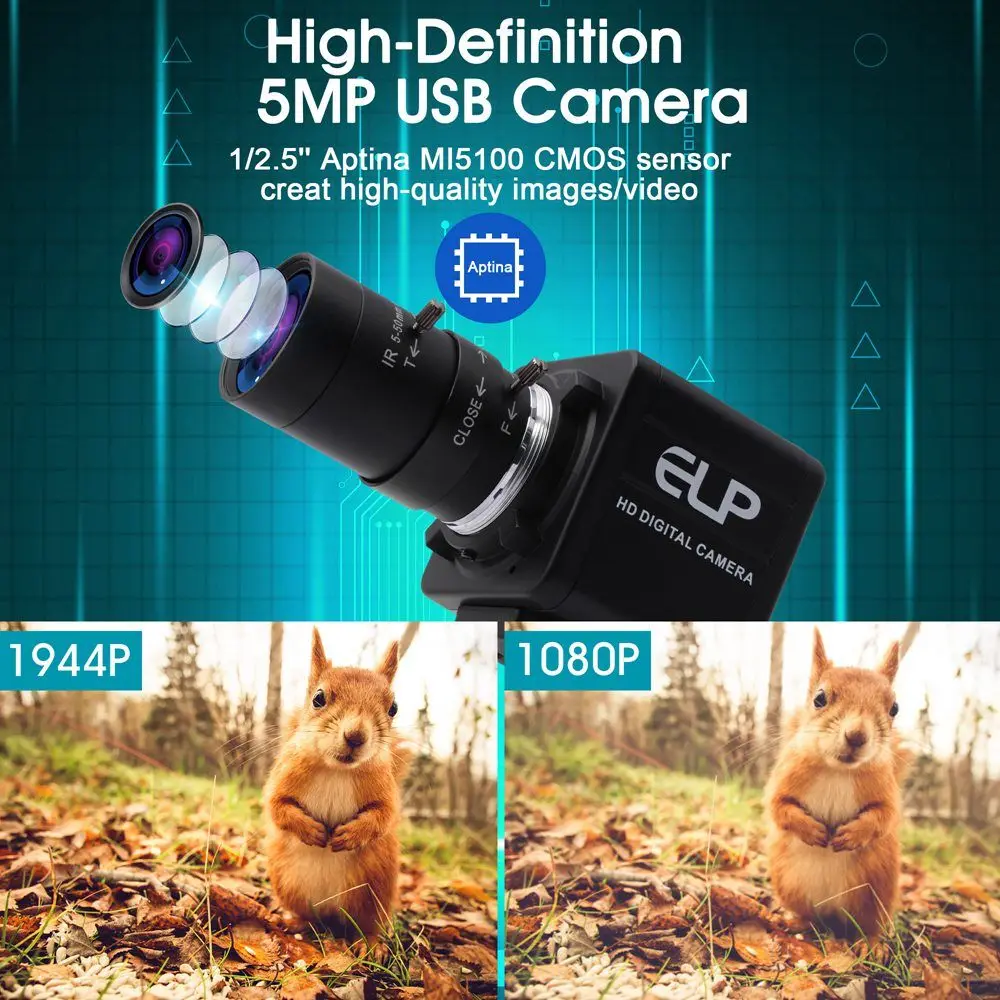 

ELP 5MP 1944P 30 кадров в секунду USB веб-камера 10-кратный зум объектив с ручной фокусировкой MI5100 сенсорная USB-камера для видеоконференций высокой четкости