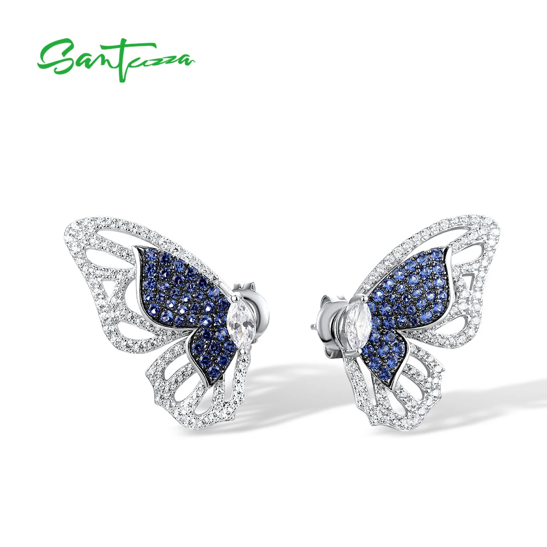 

SANTUZZA 925 Sterling Silver Stud Earrings For Women Sparkling Blue Nano/White Cubic Zirconia Butterfly Earrings Fine Jewelry